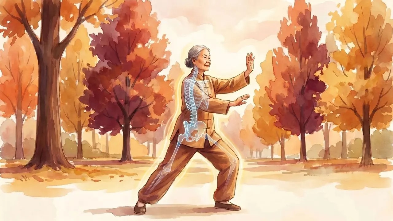 I've Fallen and I Can't Get Up concept art showing an older adult doing balance movement practice in an autumn park