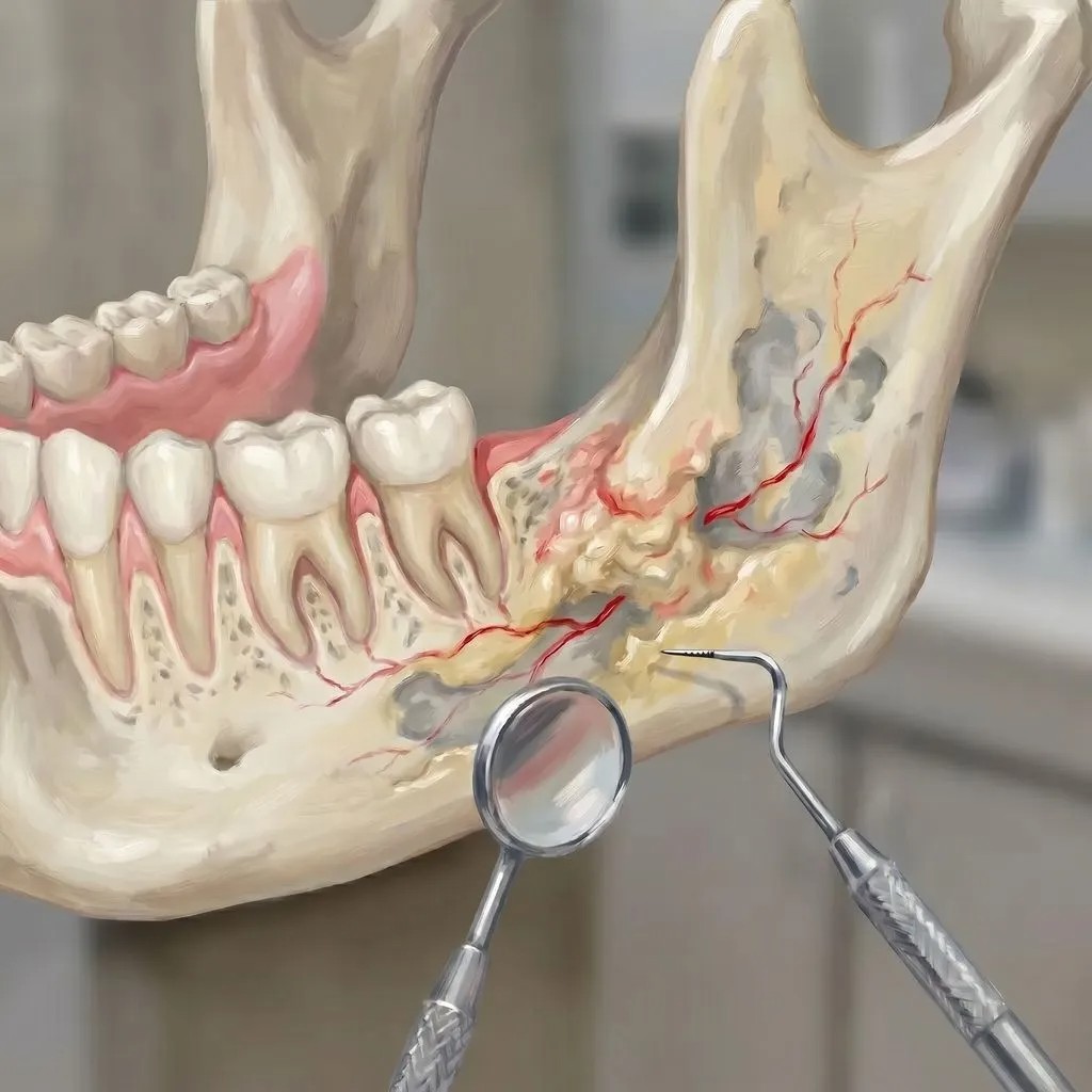I've Fallen and I Can't Get Up medical illustration showing jawbone deterioration under close examination
