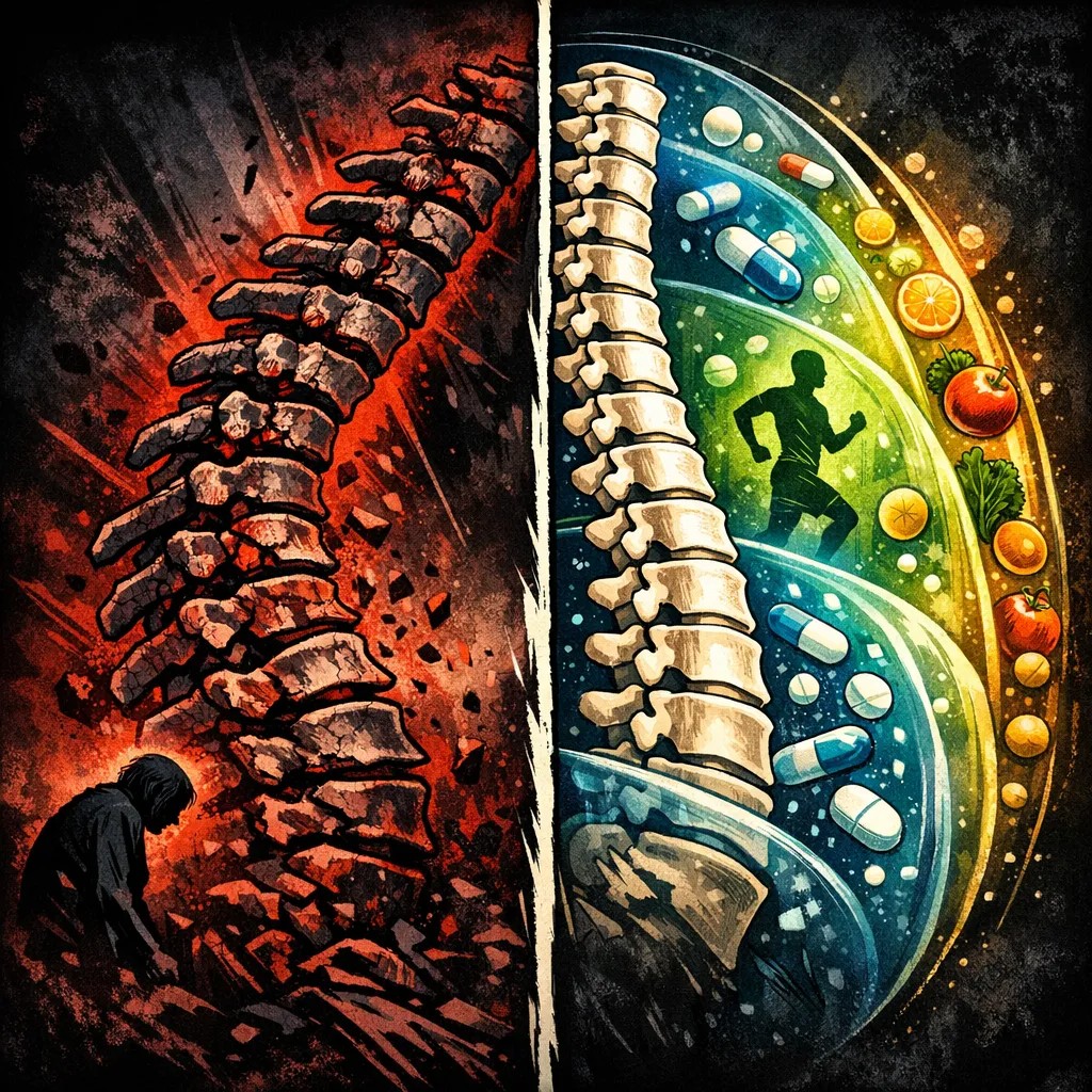 I've Fallen and I Can't Get Up concept art showing spine damage contrasted with recovery and treatment