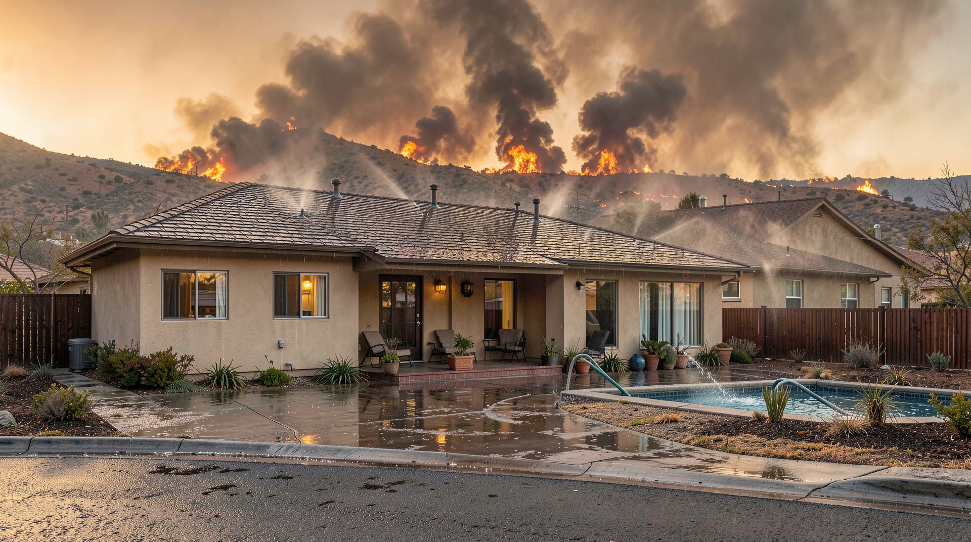 My House is on FIRE concept art showing an aerial view of a sprinkler-protected house facing an approaching wildfire