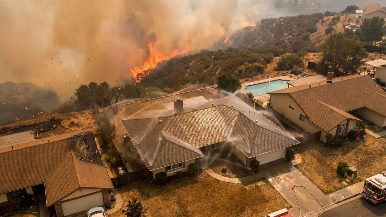 My House is on FIRE concept art showing a wildfire-defense roof sprinkler system protecting a house