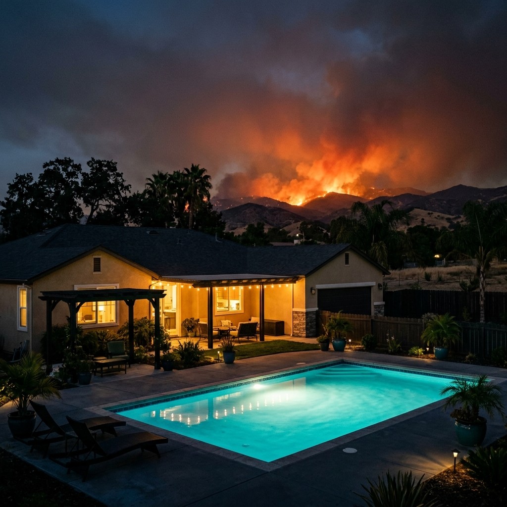 My House is on FIRE atmosphere image showing a house and pool with wildfire glow in the background