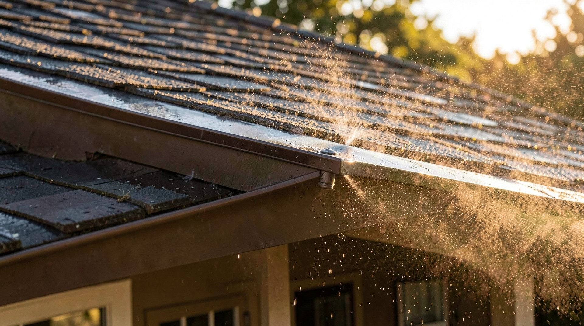 My House is on FIRE concept art showing roofline sprinklers misting across a house at golden hour