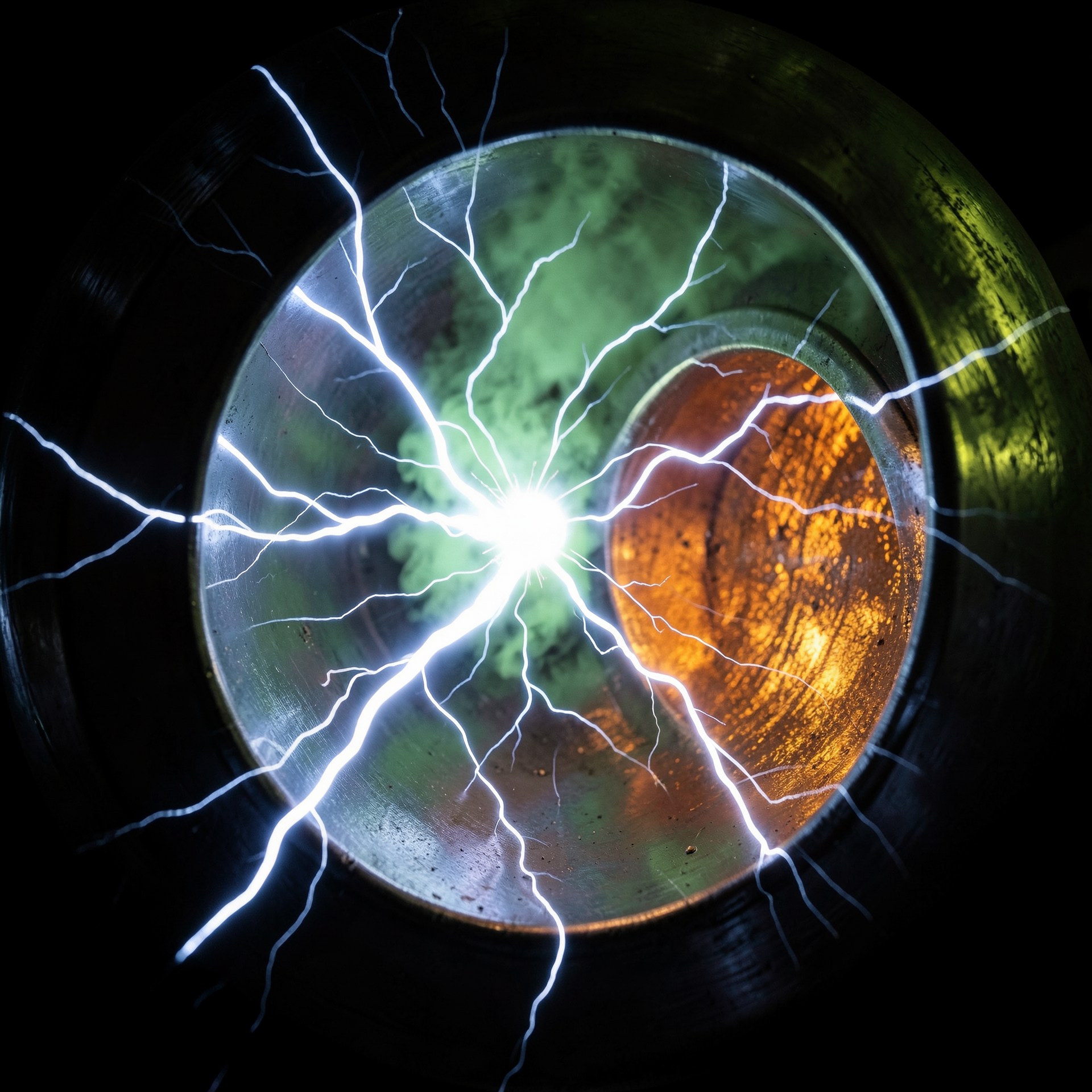 Lightning in a Bottle concept art showing a close-up energy discharge arcing through a circular chamber