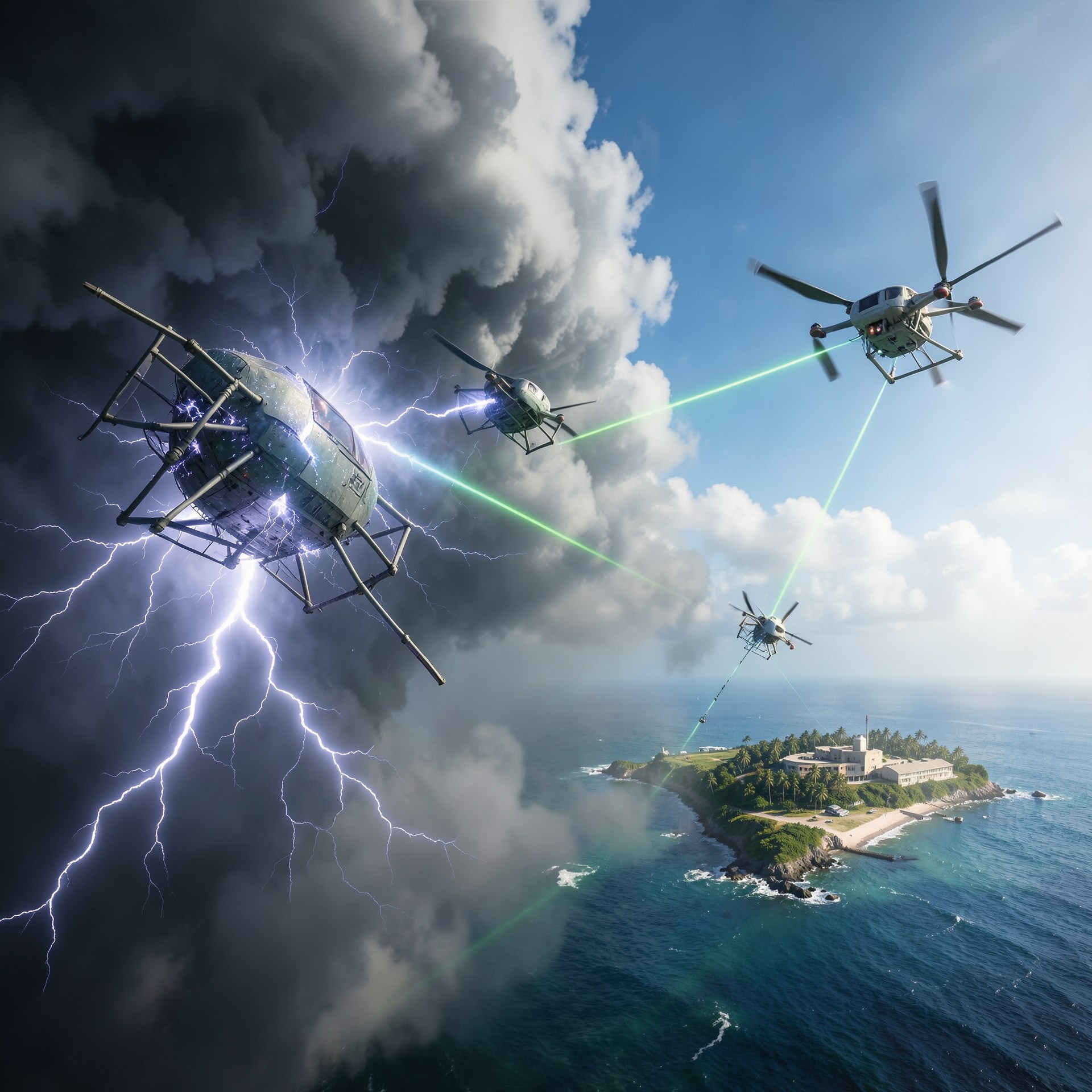 Lightning in a Bottle concept art showing aerial storm-energy craft over an island