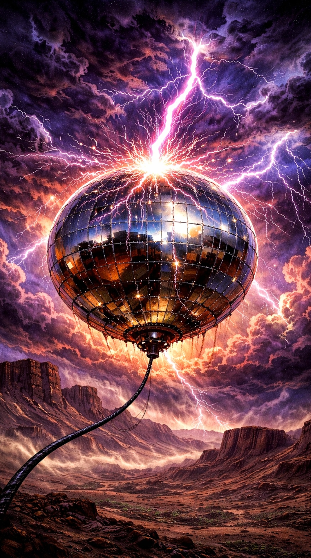 Lightning in a Bottle concept art showing a lightning-charged spherical structure in a storm