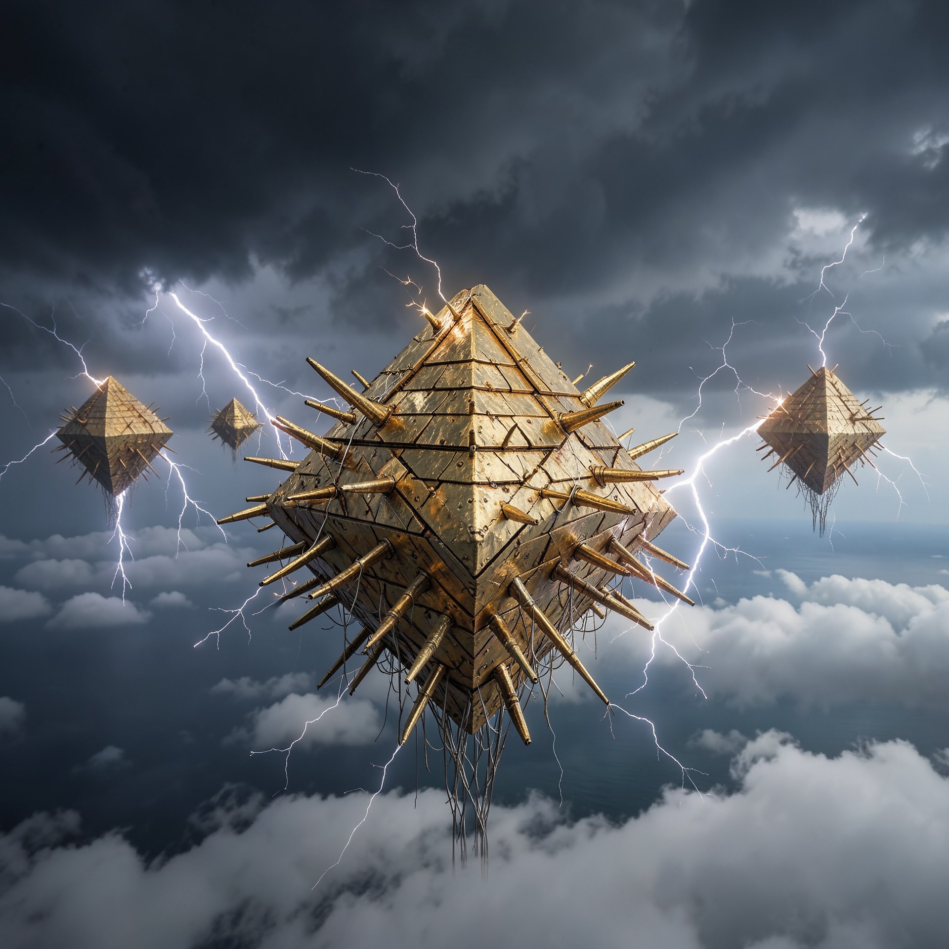 Lightning in a Bottle concept art showing floating metallic pyramids suspended in a charged storm