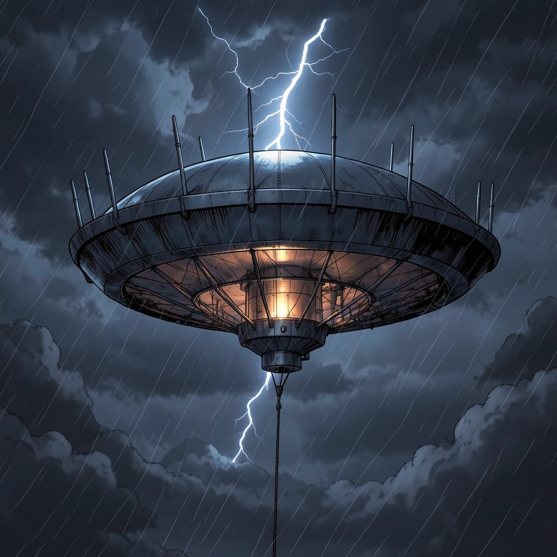 Lightning in a Bottle concept art showing a storm-lit saucer-shaped energy collector under lightning