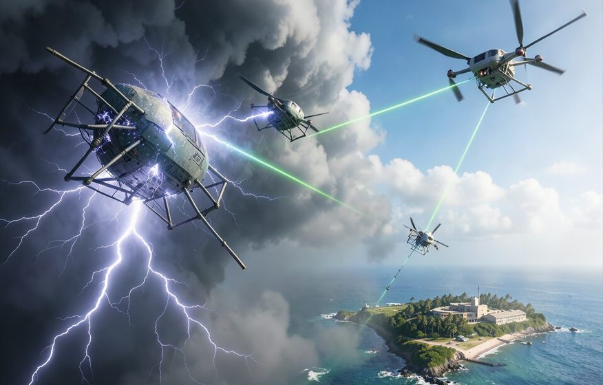 Lightning capture concept showing an aerial collector grid operating over an island