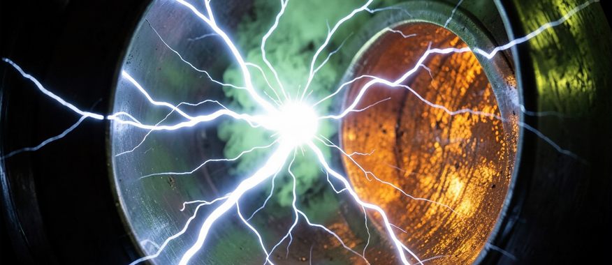 Lightning energy concept showing an electrical discharge inside a circular capture chamber