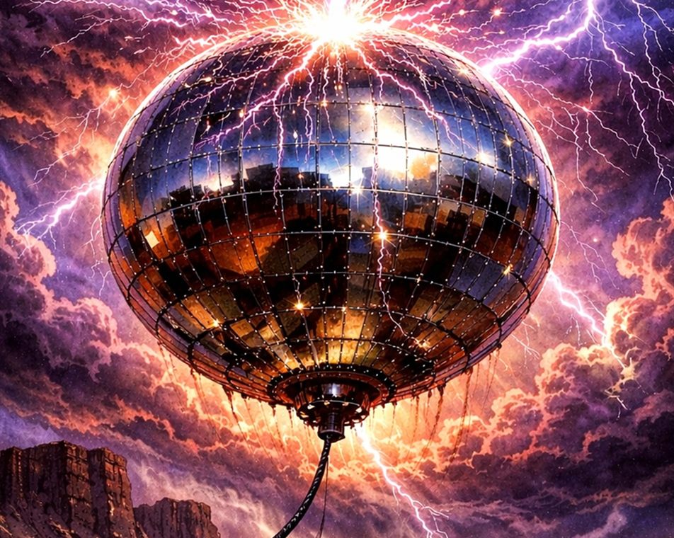 Lightning in a Bottle concept showing a storm-powered energy sphere surrounded by electrical arcs