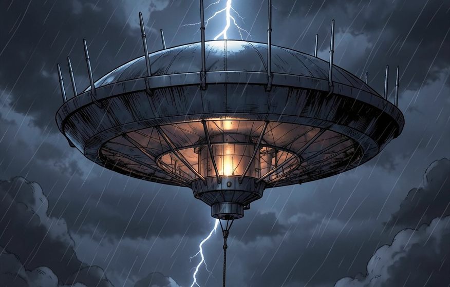 Lightning capture concept showing a saucer-shaped energy collector beneath a storm