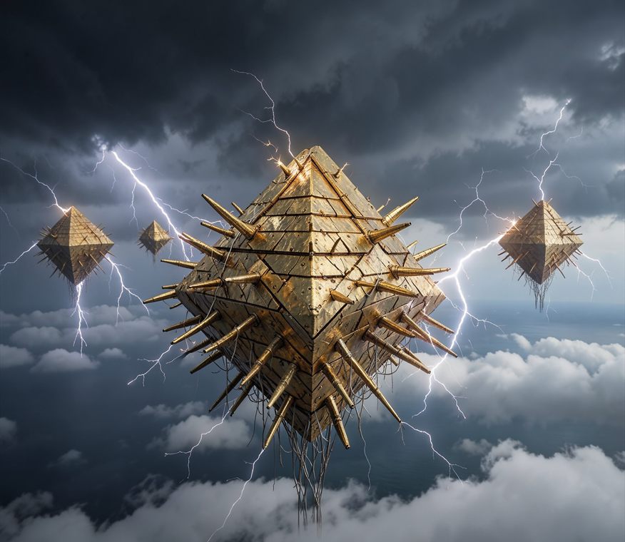 Lightning capture concept showing floating pyramid collectors in an electrical storm