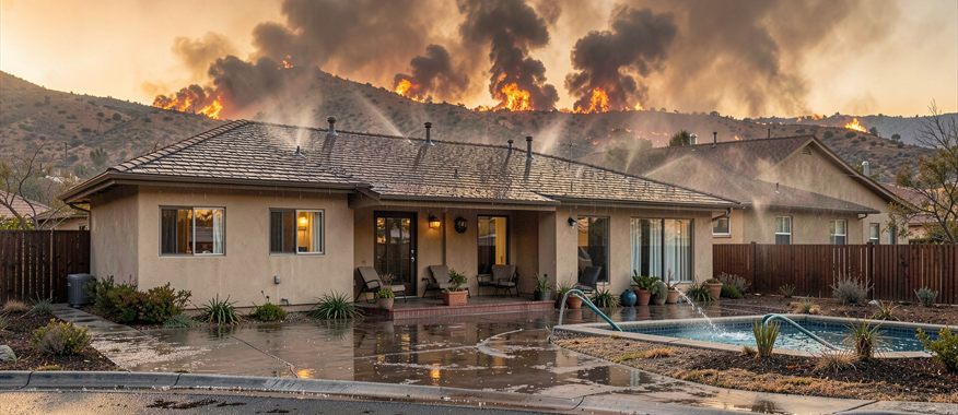 Aerial wildfire-defense concept showing roof sprinklers protecting a home from an approaching fire