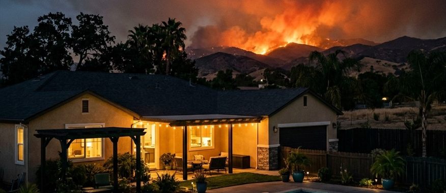 Wildfire home-defense concept showing a house and pool illuminated by an approaching fire