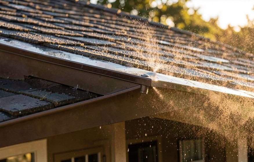 Wildfire roof-sprinkler concept showing protective mist across a home at golden hour