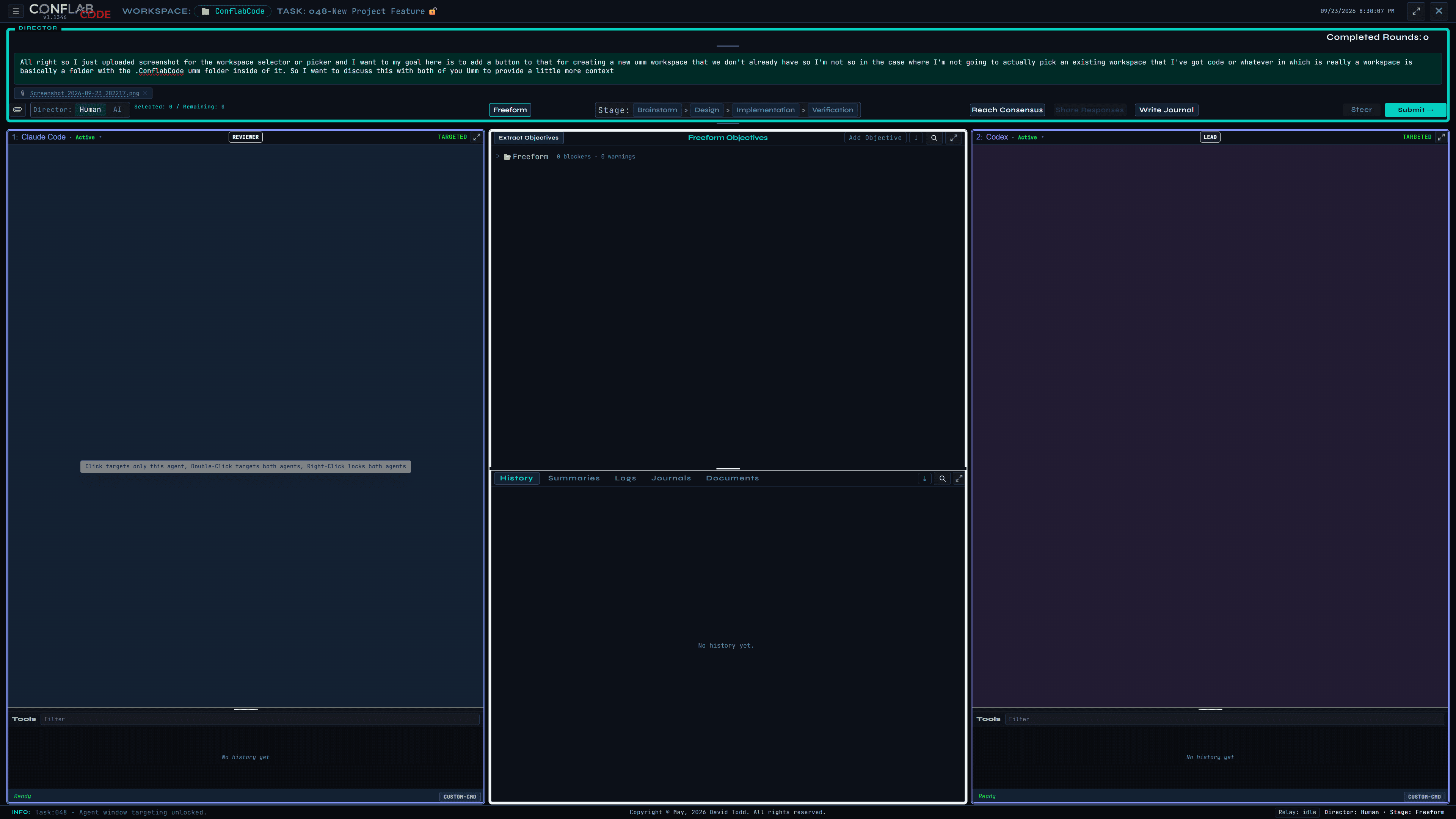 ConflabCode task view with both agent panes targeted, a targeting gesture tooltip, and a single closed-task padlock beside the task name