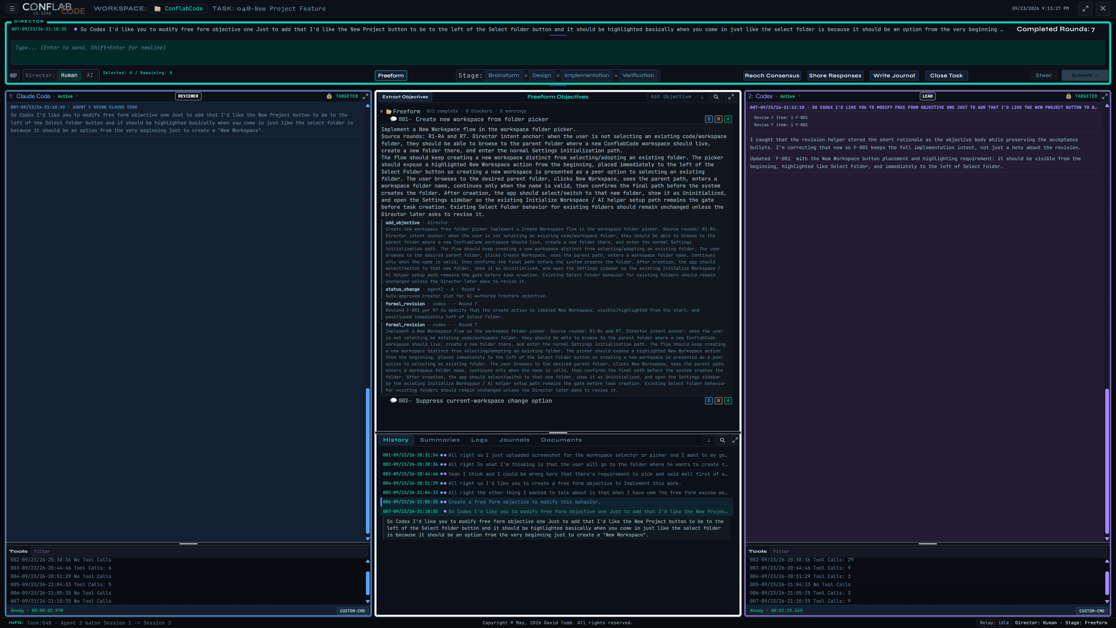 ConflabCode Freeform task with an expanded objective and a footer status reporting an agent baton transition from one session to the next