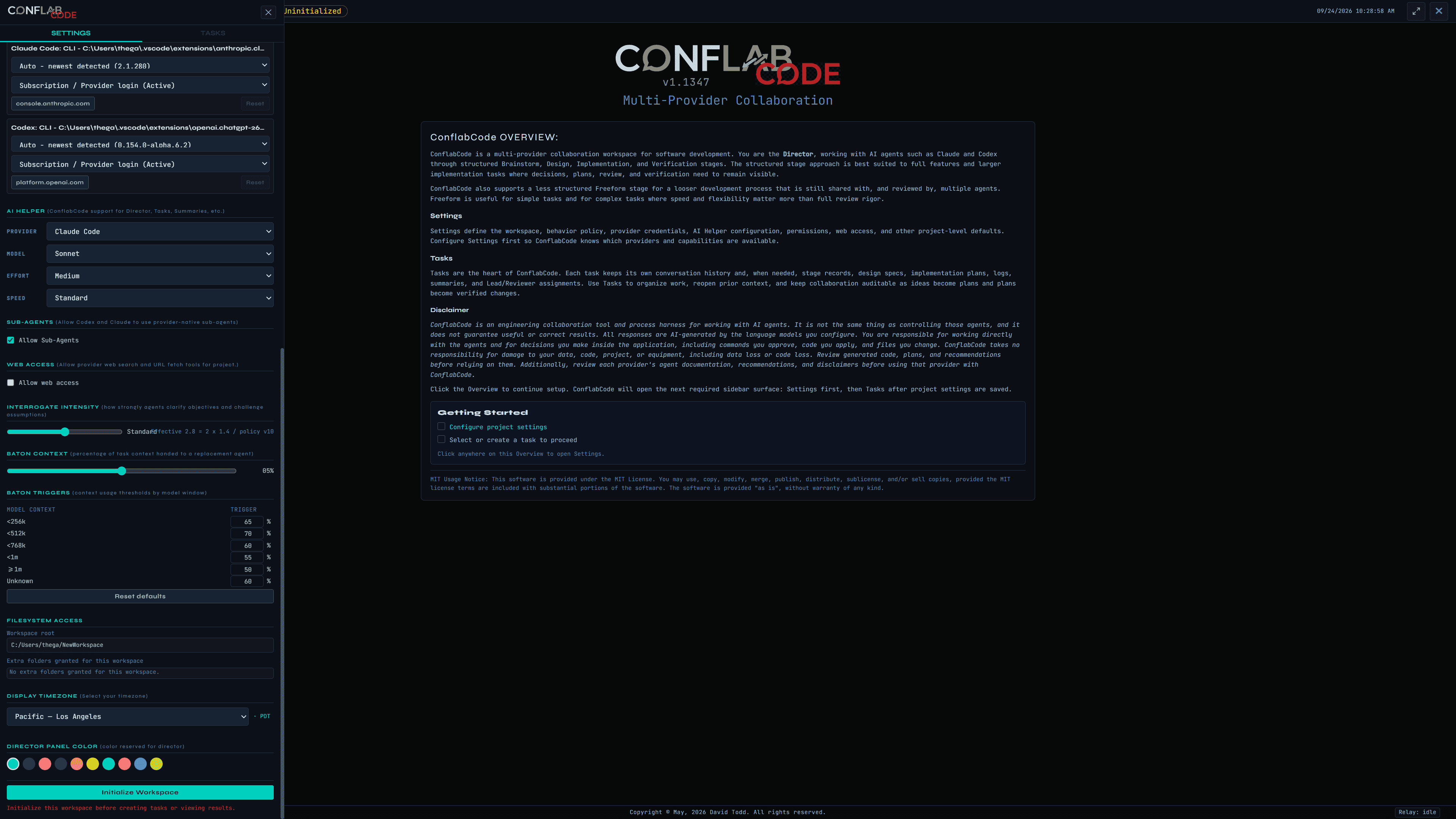 ConflabCode Settings sidebar showing Baton Context, model-specific Baton Triggers, provider credentials, AI Helper, filesystem access, timezone, and panel color