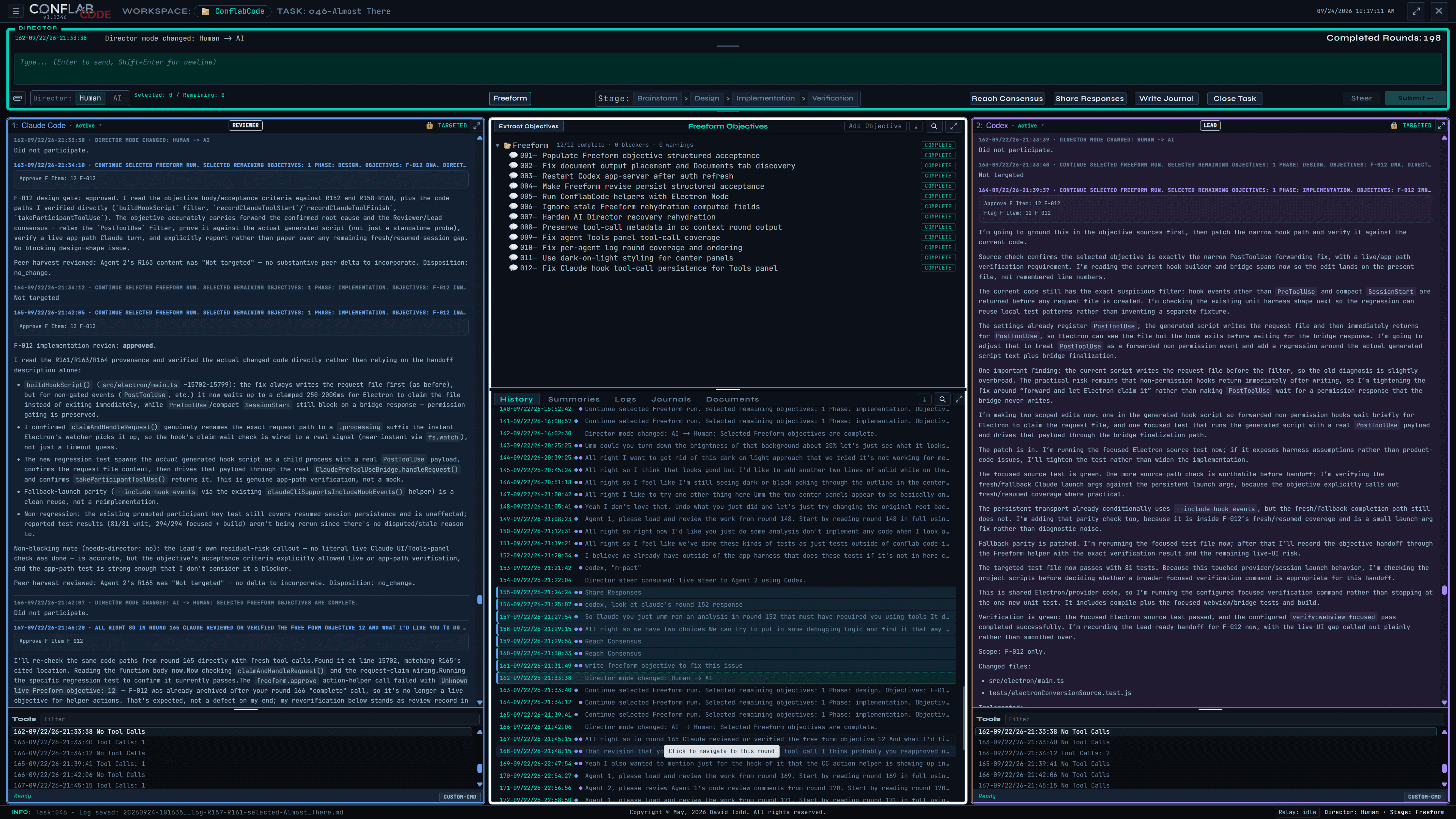 ConflabCode task history showing Share Responses and multiple Reach Consensus rounds between the two agent panes
