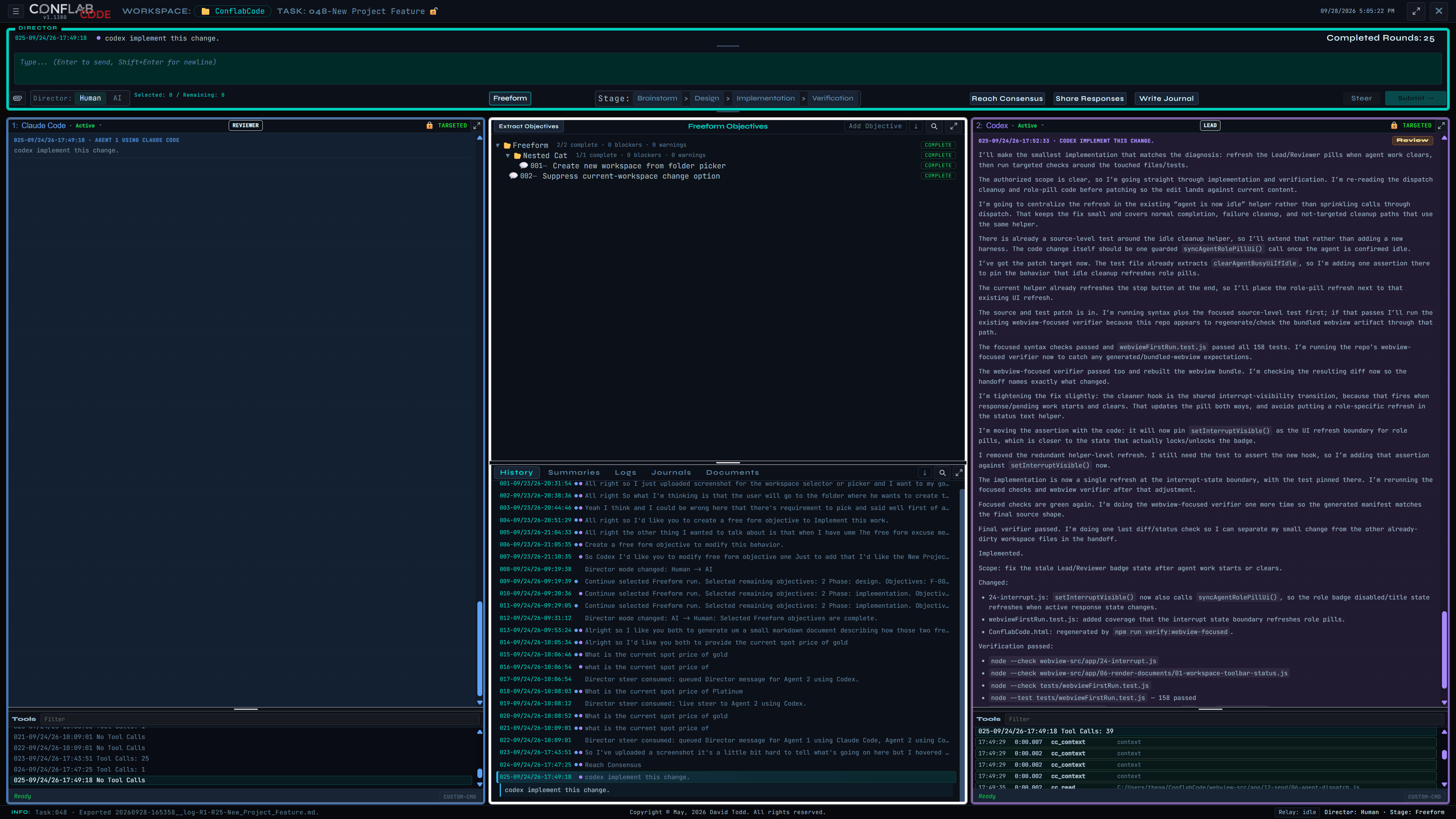 Implementation and verification with Codex applying the interface refresh fix and reporting focused and broader checks