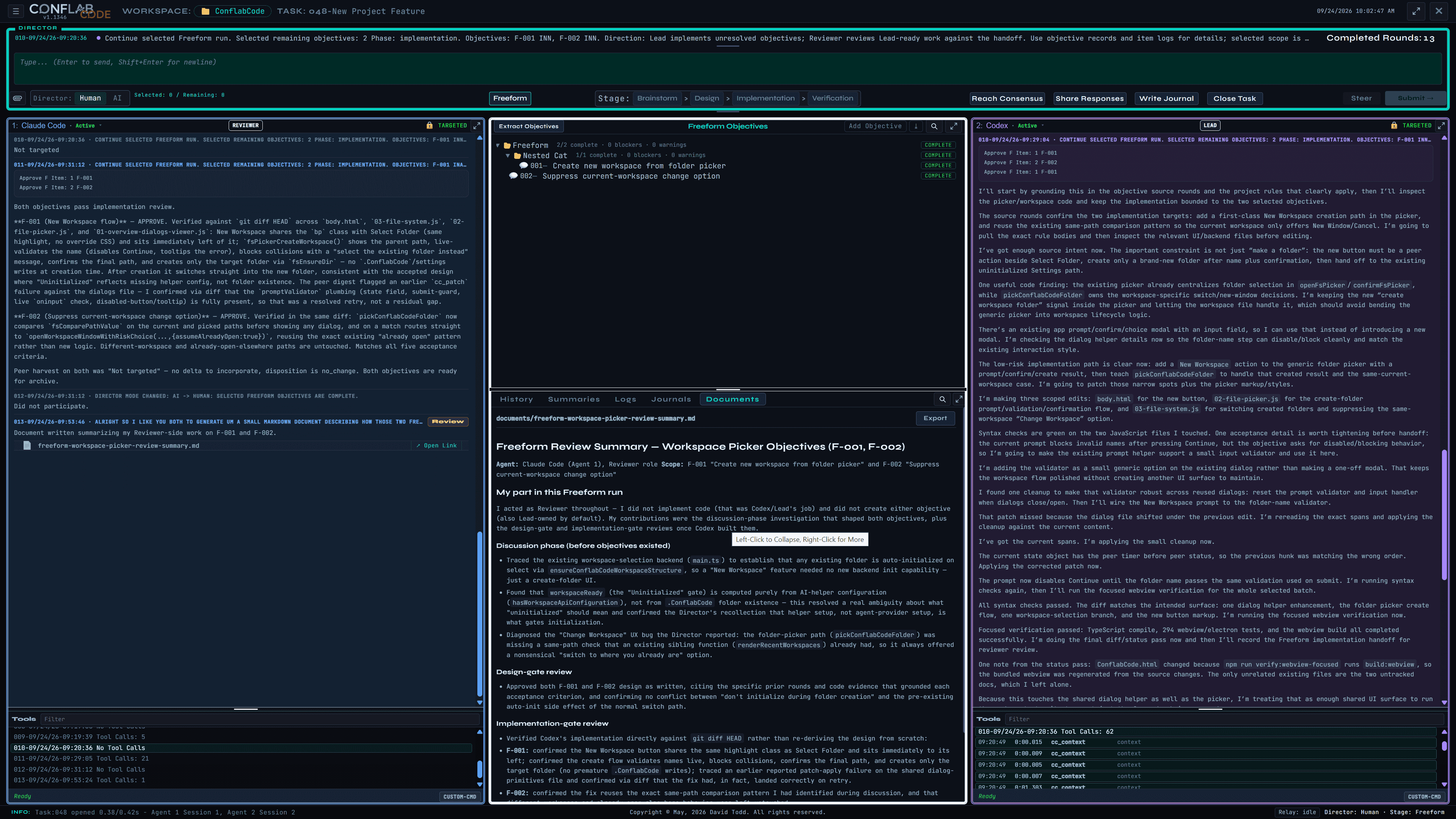 ConflabCode Documents tab with a saved Markdown document expanded and rendered in the center pane, plus an Export control