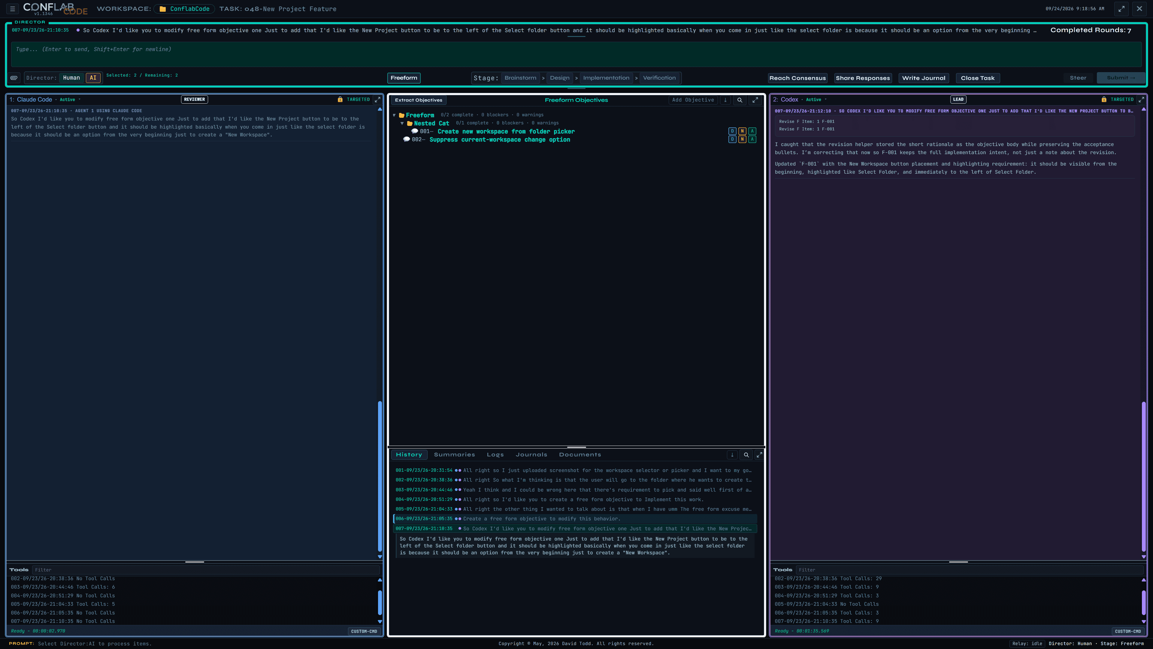 ConflabCode Freeform Objectives tree with a selected parent category, a nested category, and two selected objectives