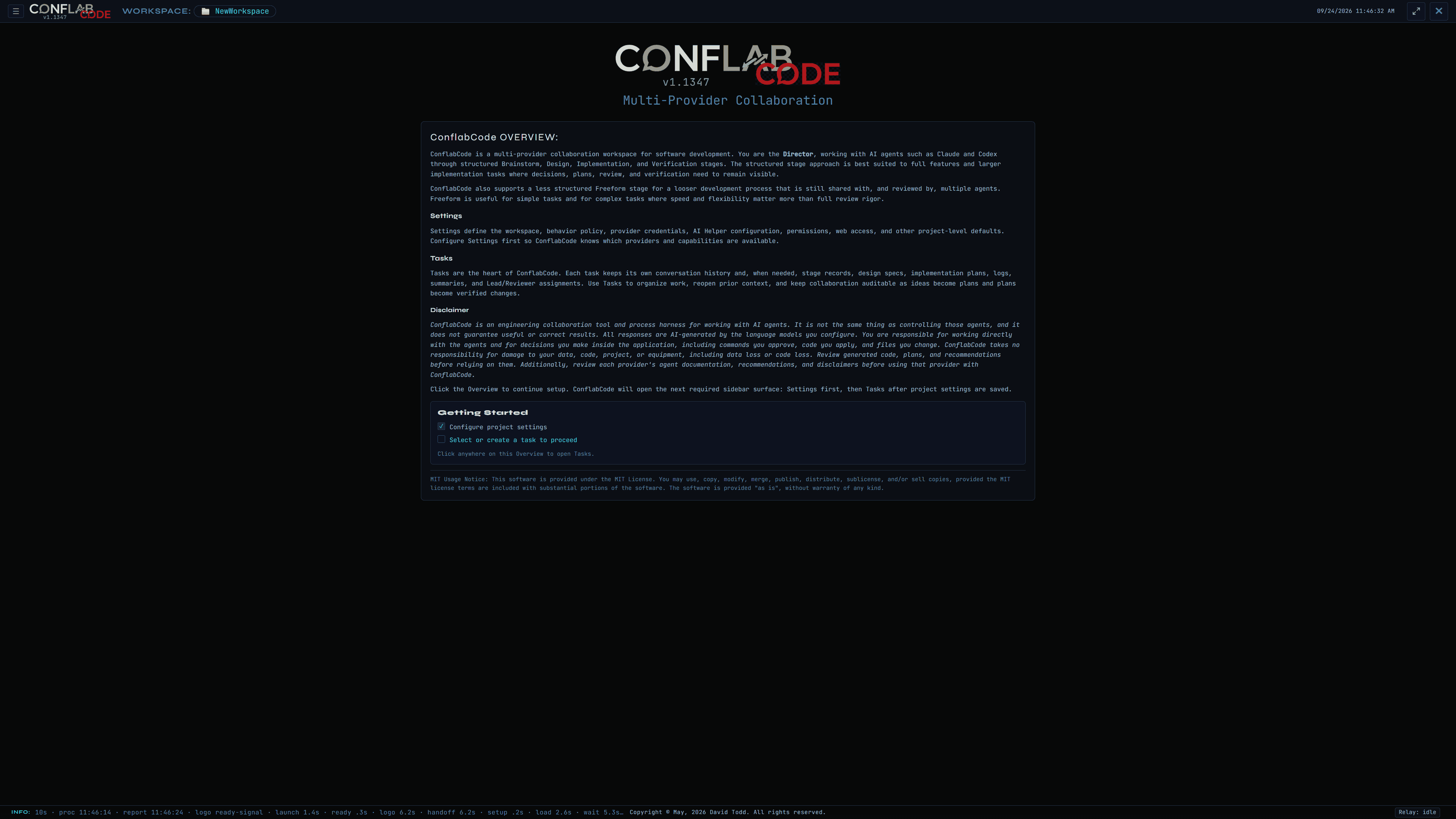 ConflabCode Overview screen with workspace guidance, settings and tasks explanations, a disclaimer, and a Getting Started checklist