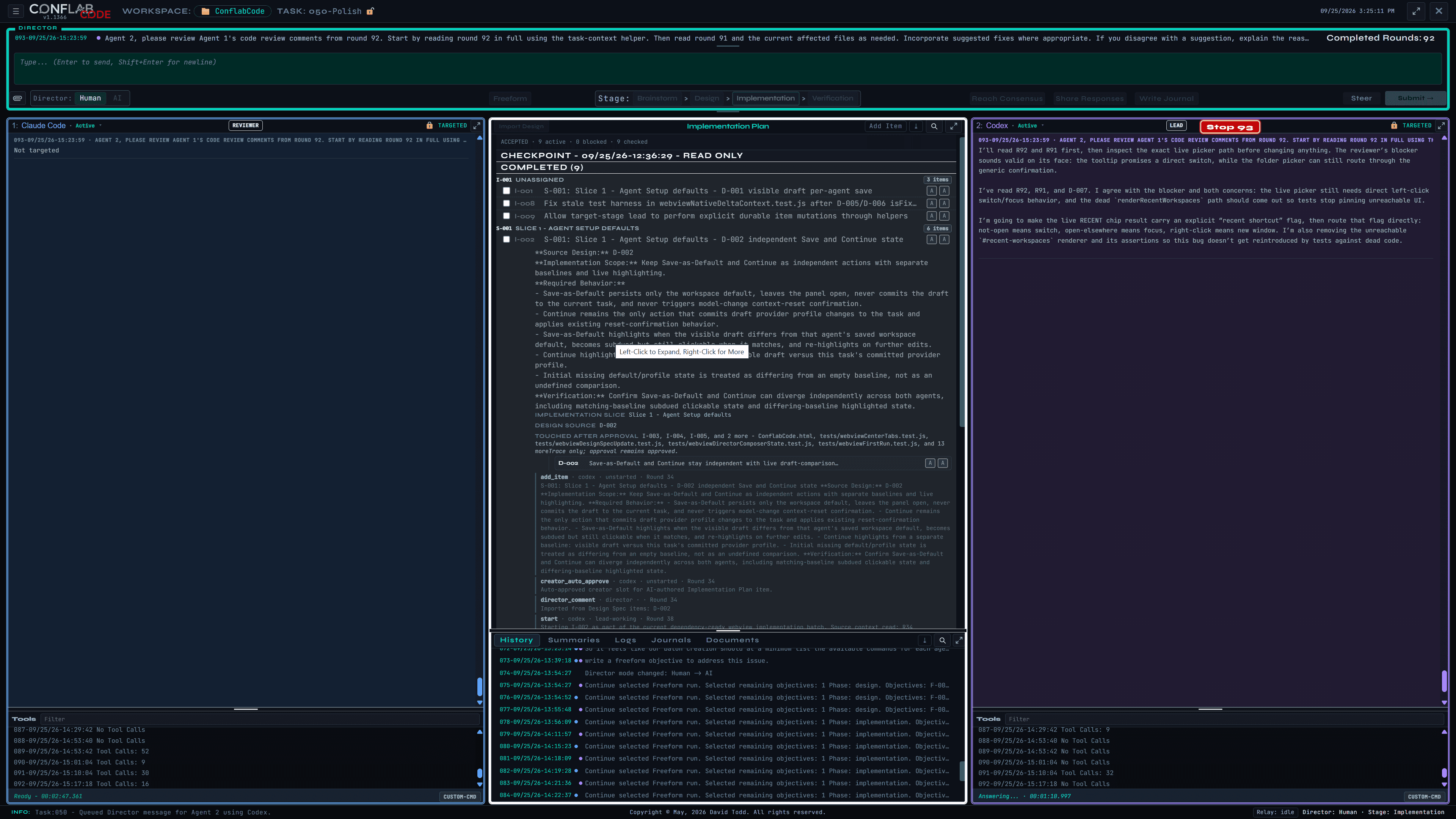ConflabCode Implementation Plan with an item expanded into a read-only provenance trail linked to its source design item and later events