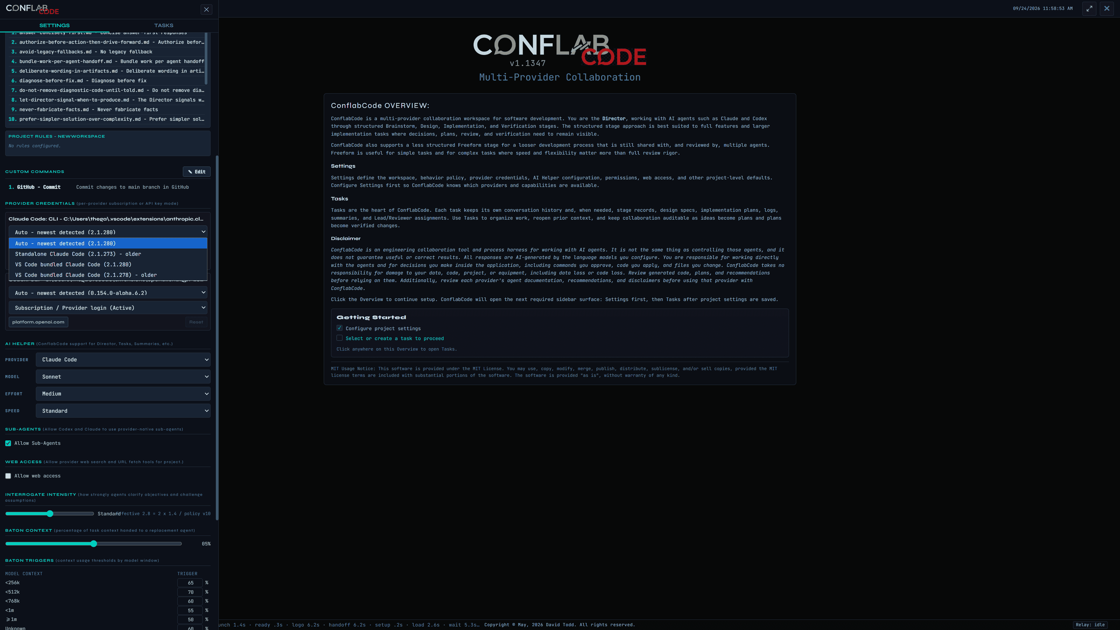 ConflabCode Settings sidebar showing provider credentials, a detected Claude Code runtime menu, Codex credentials, AI Helper controls, and context settings