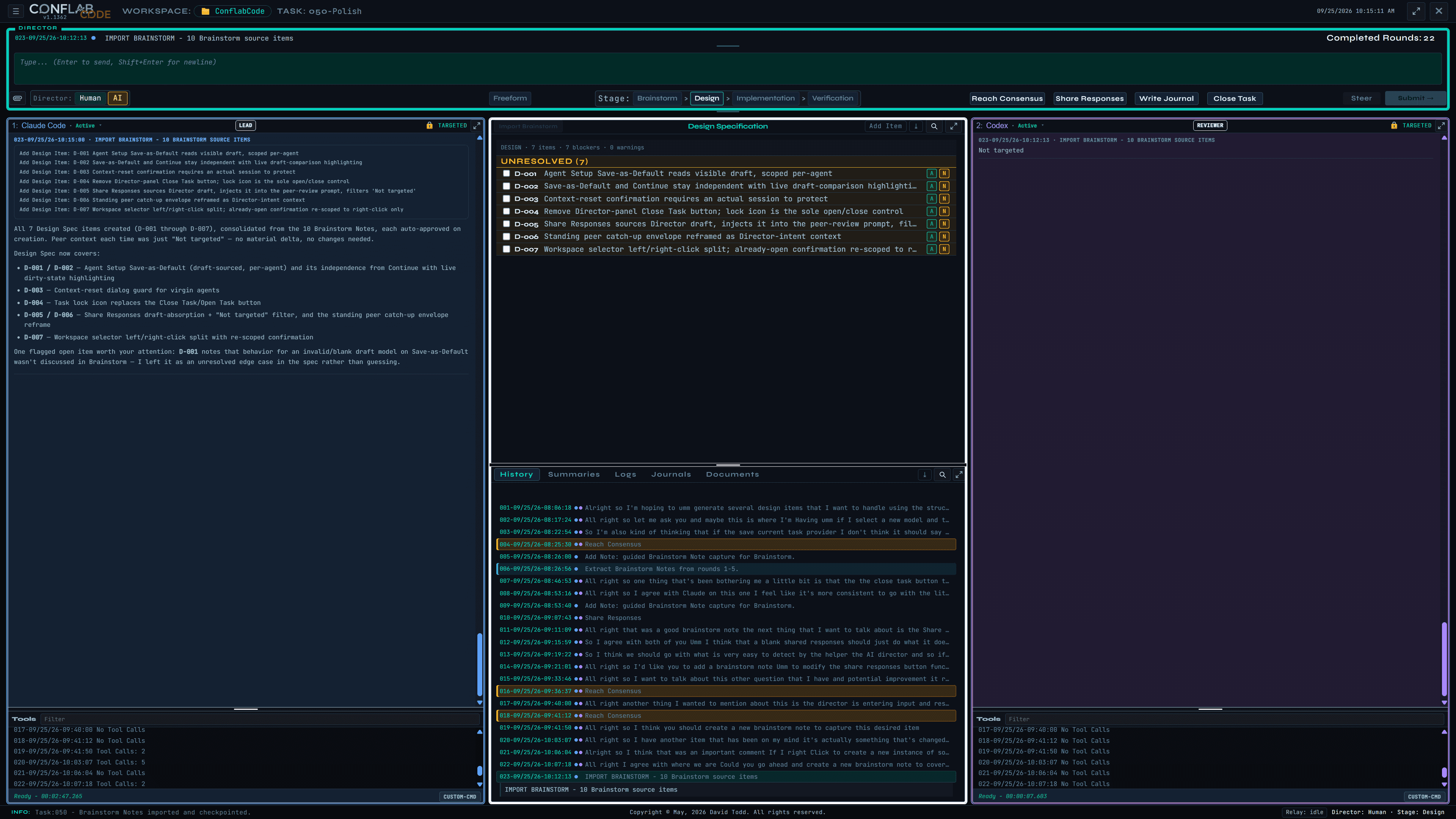 ConflabCode Design stage showing seven unresolved design items imported from ten brainstorm source items, with Lead and Reviewer badges on the agent panes
