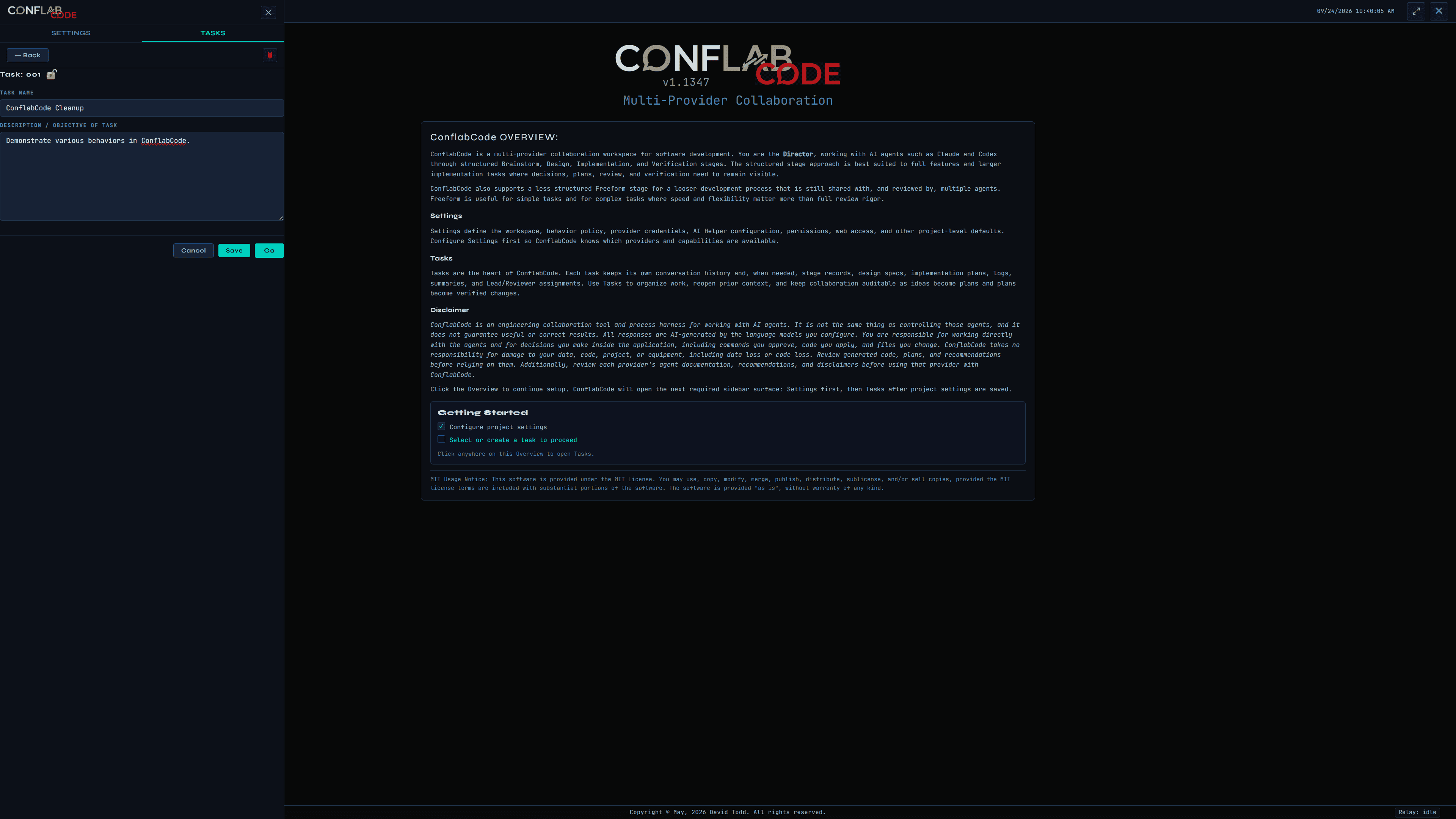 ConflabCode Task Editor with a task name, objective, open lock state, and Cancel, Save, and Go controls