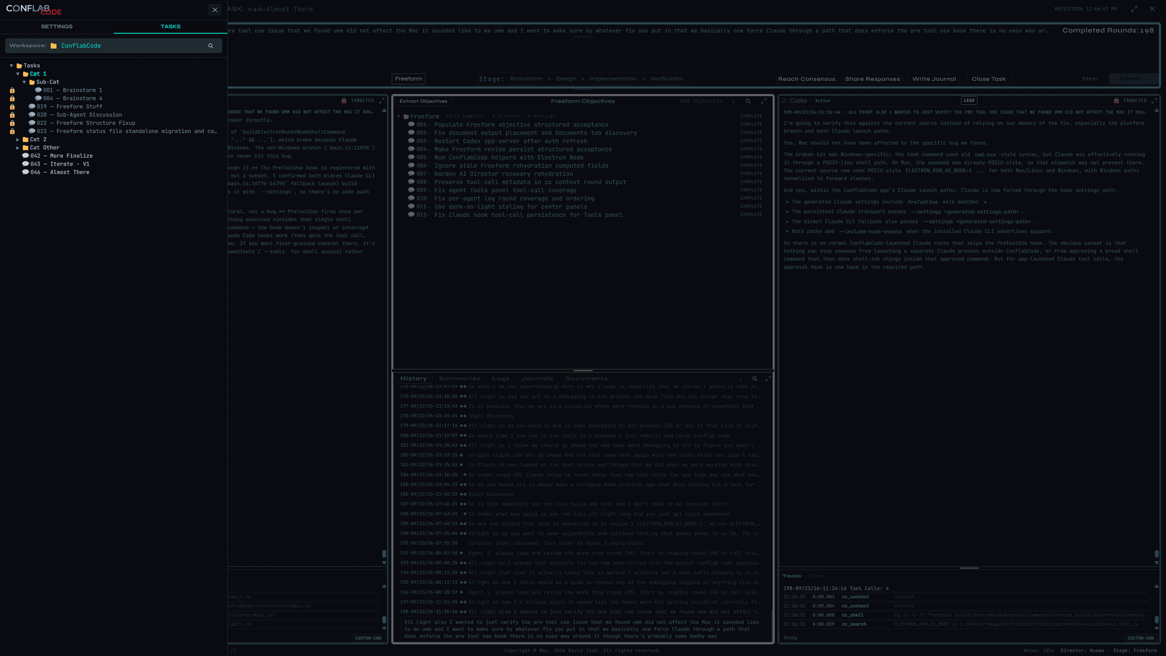ConflabCode Tasks sidebar with nested categories, root-level tasks, and closed tasks marked with padlocks