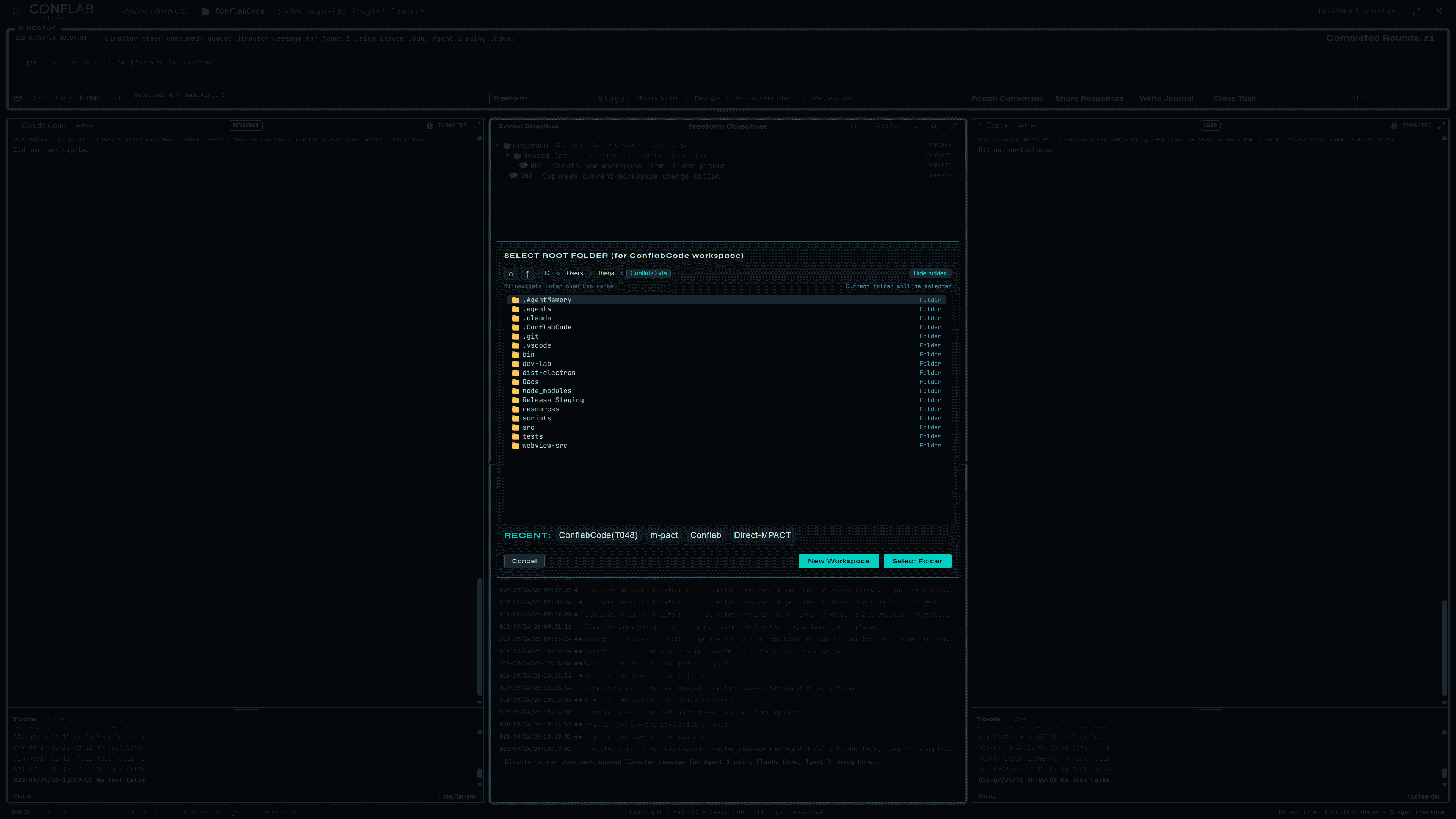 ConflabCode workspace folder picker showing breadcrumbs, folders, recent workspaces, New Workspace, and Select Folder controls