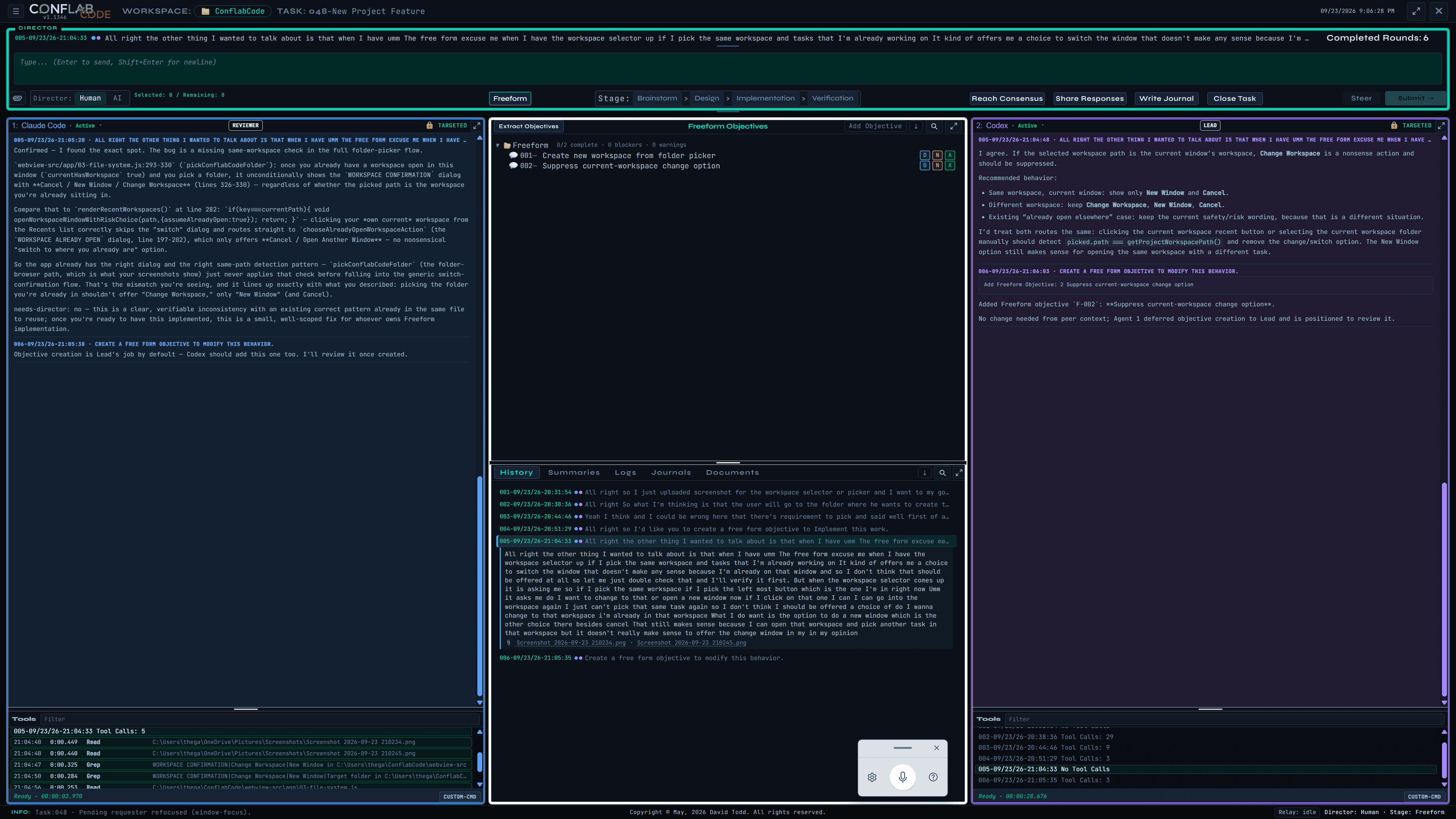 ConflabCode showing two Freeform AI objectives in the shared objective tree between Claude Code and Codex