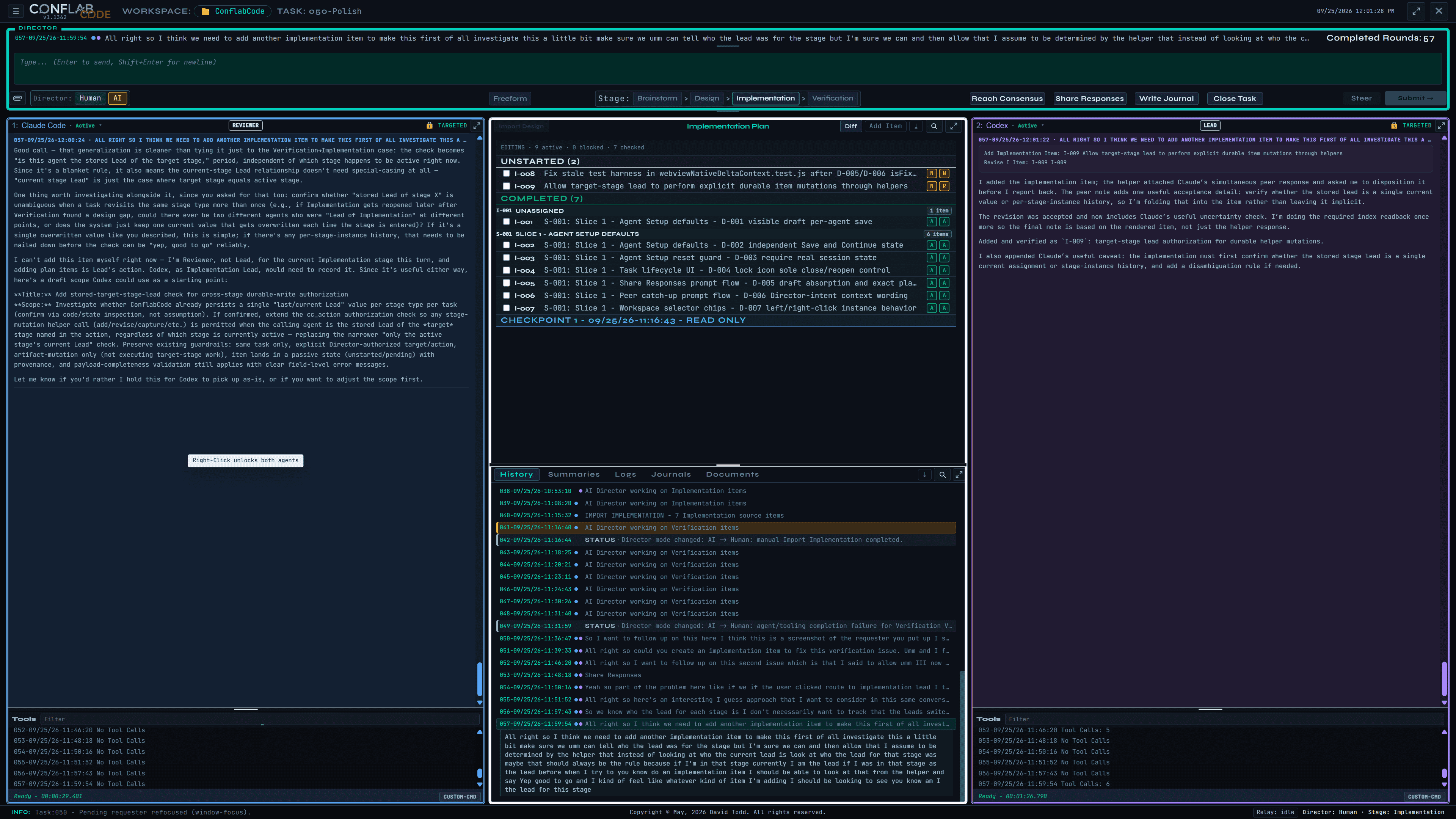 ConflabCode shared implementation plan with Claude Code and Codex reviewing item I-009